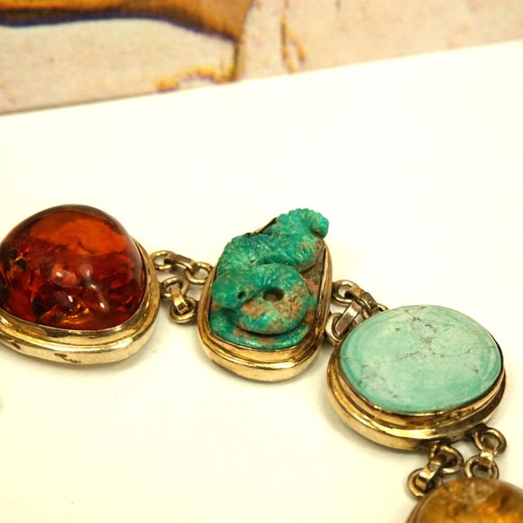 MULTI GEM HEAVY LINK BRACELET WITH TURQUOISE SNAKE, Very rare to find - Picture 8 of 11